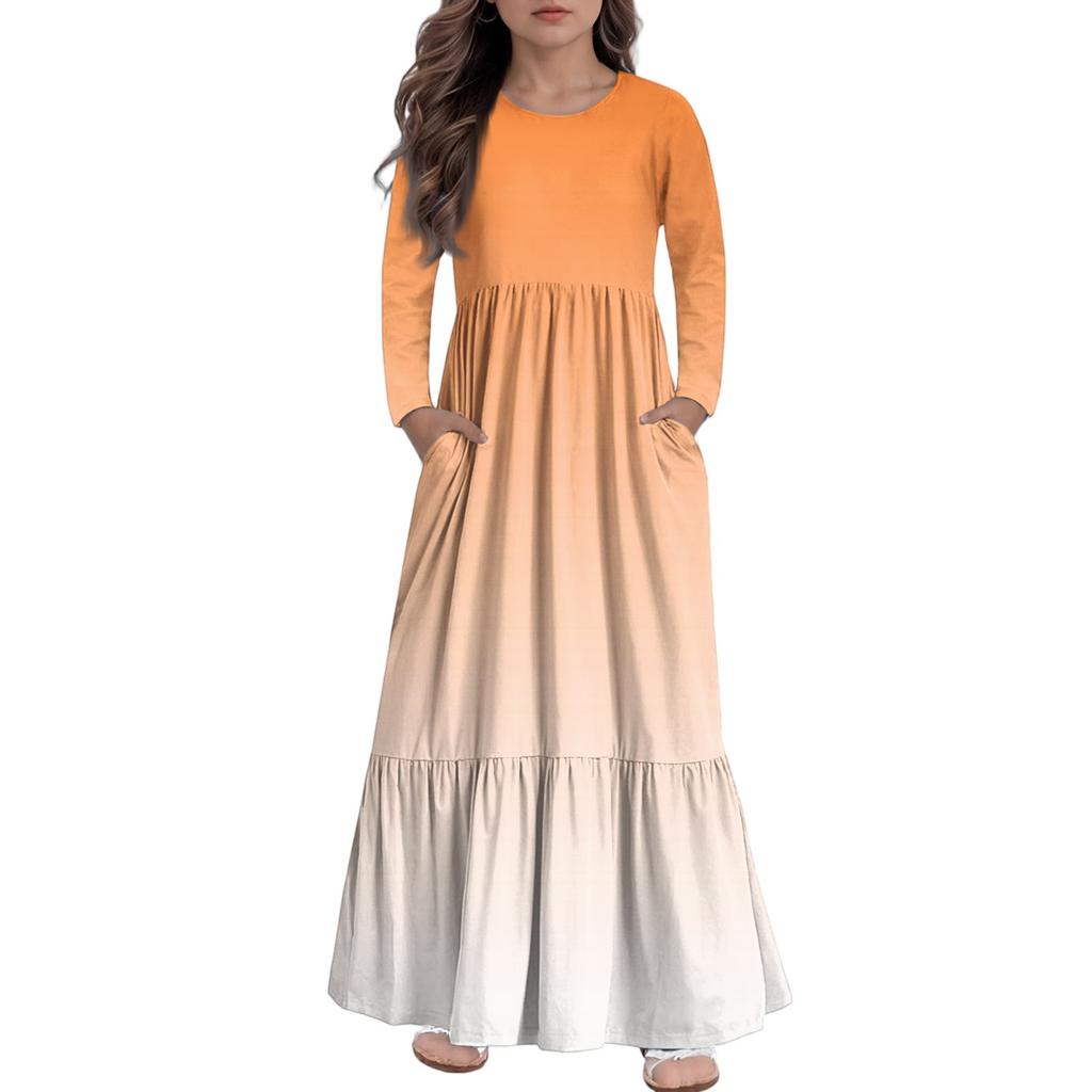 Girls' Maxi Dress Casual Holiday Dresses - Long Sleeve Dress With Pockets For 4-14Y