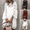 Fall Spring Women Dress Hollow Lace Flower Embroidery Round Neck Double-layered Long Sleeves Solid Color Ethnic Midi Dress