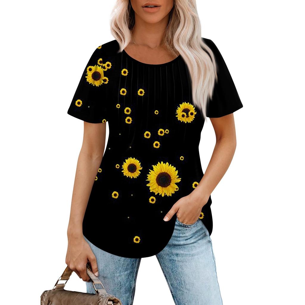 Women's Summer Fashion Casual Pleated Round Neck Print Short Sleeve T-Shirt Top
