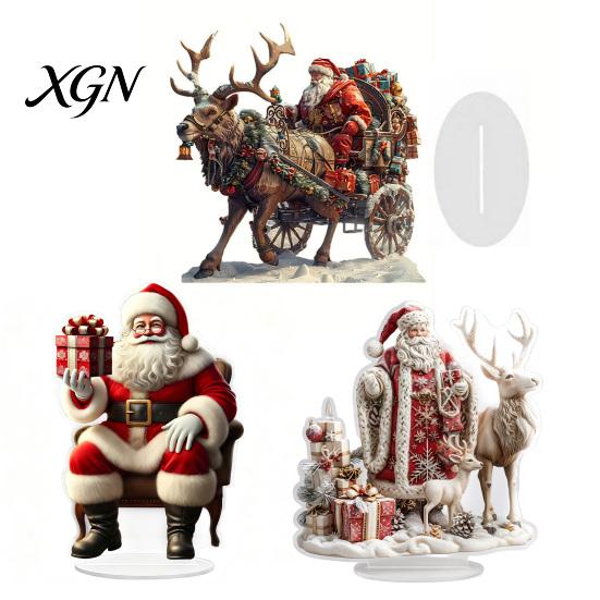 Retro Xmas Fairy Tale Scene Christmas Santa Claus Ornament, Reindeer Acrylic Decoration, Indoor Holiday Ornament Display Double Sided Desktop