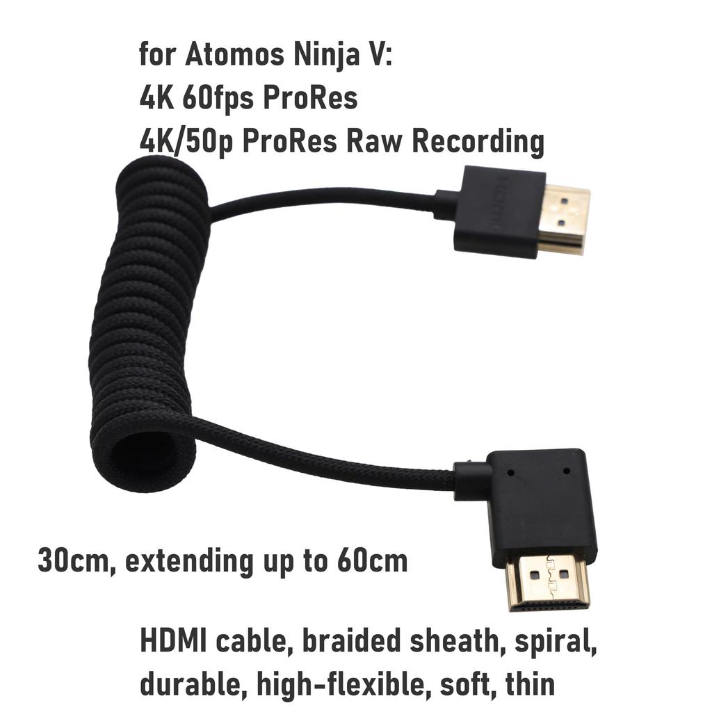 HangTon 8K 4K50 HDMI Braided Spiral Cable for ATOMOS Ninja V Sony Canon Lumix Left Angle to Straight Shinobi, FX30, R1, G9, GH6, Nikon, Blackmagic,