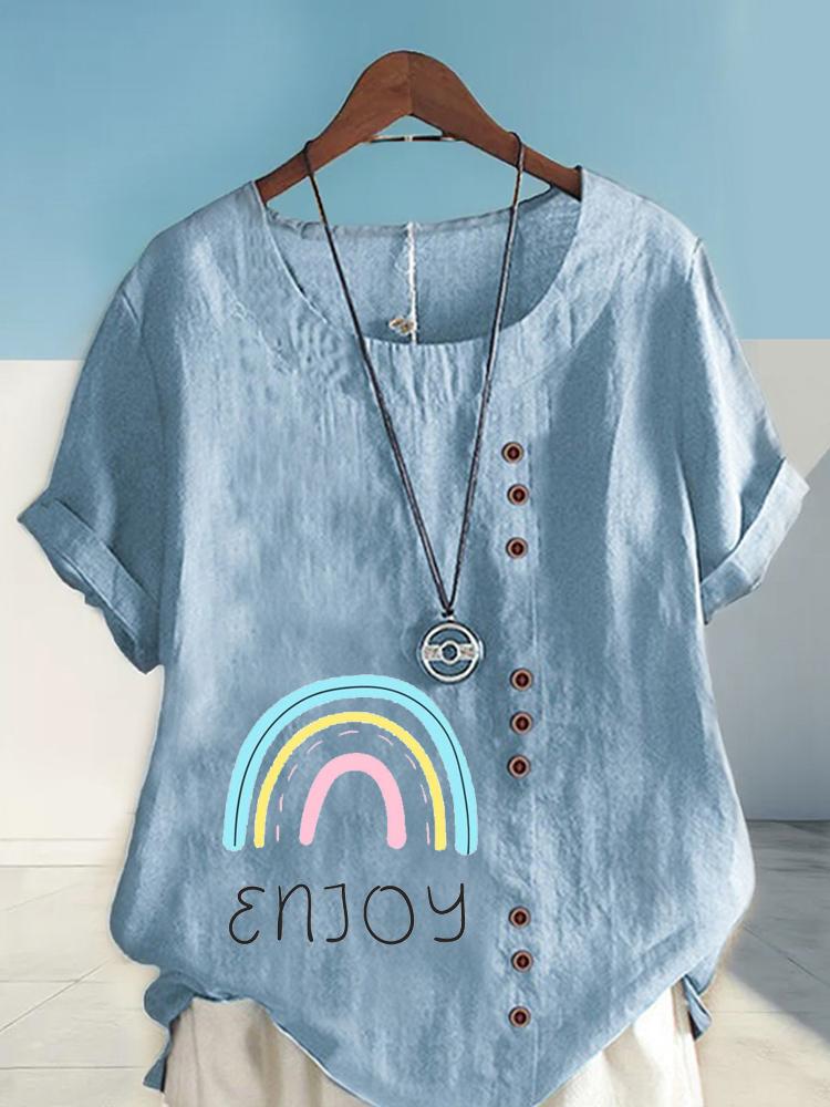 Women's Fashion Rainbow Black Letters Print Casual Cotton Linen Short Sleeve Round Neck T-shirt Shirt Leisure Loose Summer Blouse Tops