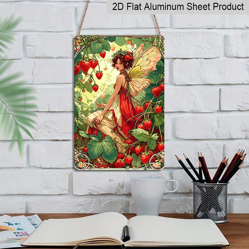 2D Flat, 1pc Strawberry Fairy aluminum Wall Art Sign - 8x12 Inch Garden & Patio Decor with Red Strawberries, Butterfly Wings & Green Foliage