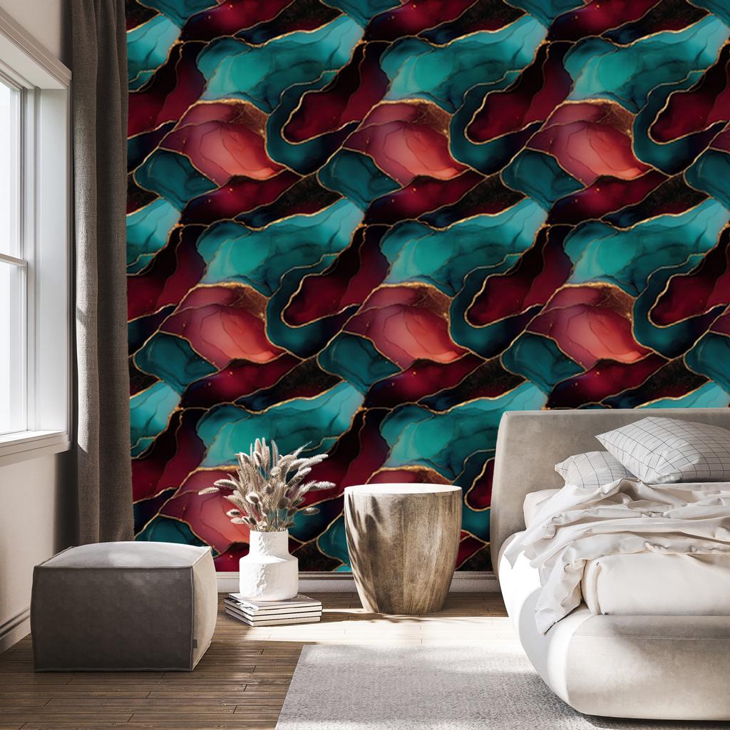Ink Wallpaper Turquoise, Black and Burgundy for Living Room and Bedroom 50x1000