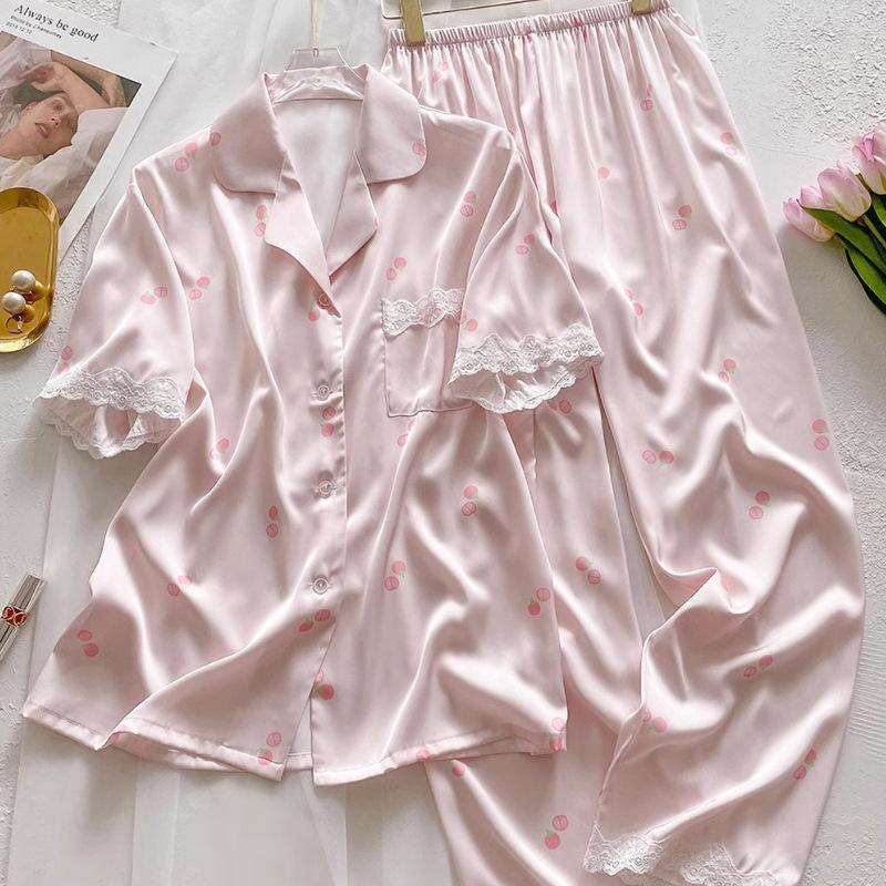 Ice Silk Pajamas Women'S Short-Sleeved Trousers Summer Silk Cute Kitten Jacquard Student Loungewear Set