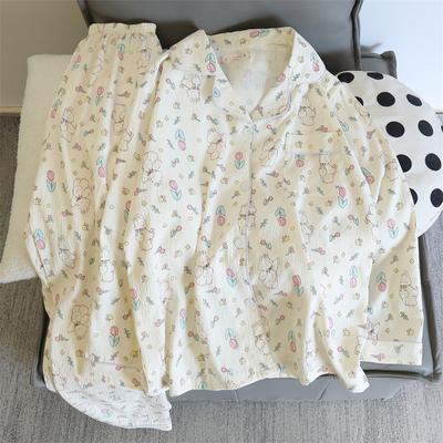 Милый пижамный комплект с цветком и медведем, топ с длинными рукавами и лацканами, комплект из брюк на эластичном поясе, осенняя женская одежда для сна, домашняя одежда