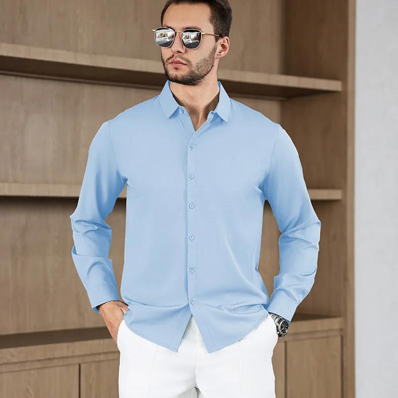 Новая мужская рубашка business casual с длинным рукавом, однотонная, устойчивая к складкам, не мнется, удобная, для любого сезона, универсальный топ
