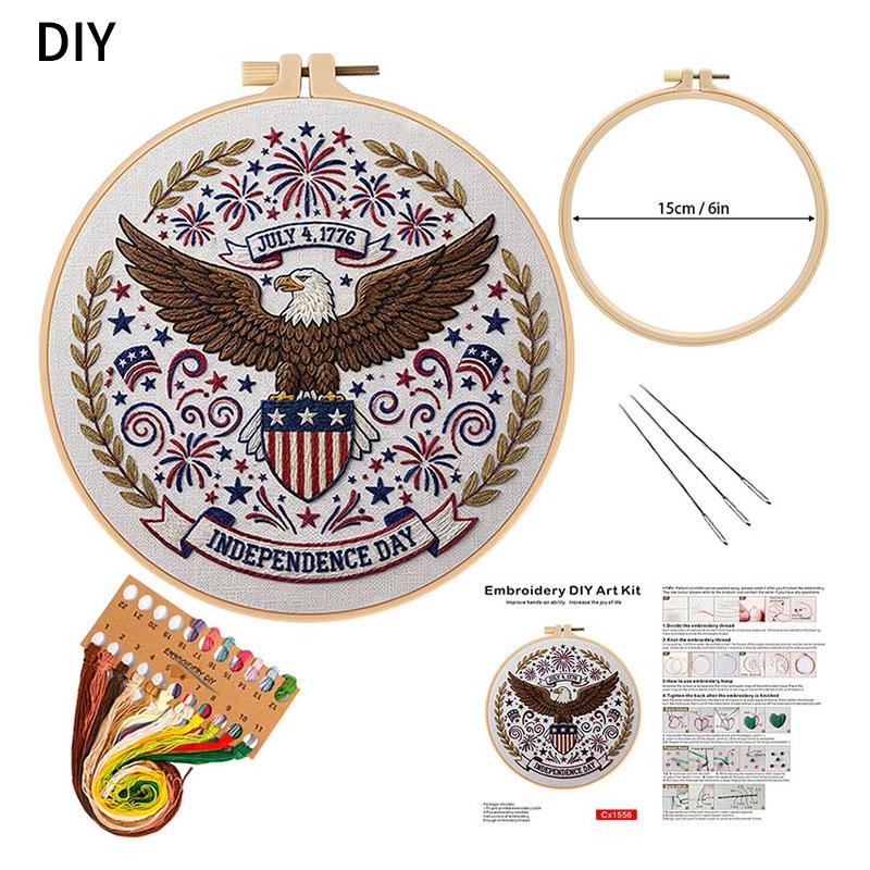 Independence Day Embroidery Kit with EN Instructions Handmade Embroidery DIY Material Thread Stamped Cloth with Pattern Kit