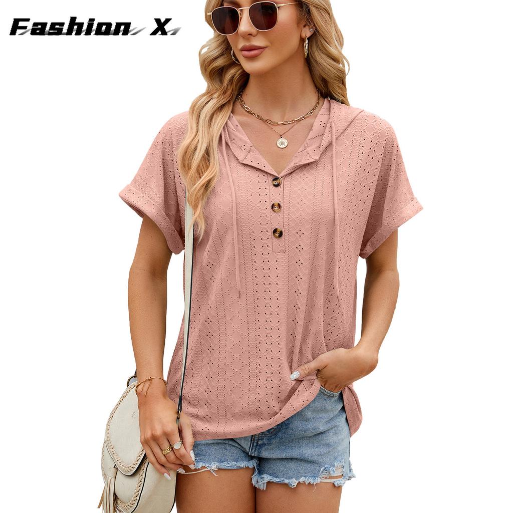 2024 весна и лето, новая однотонная свободная футболка с короткими рукавами и пуговицами, топ для женщин