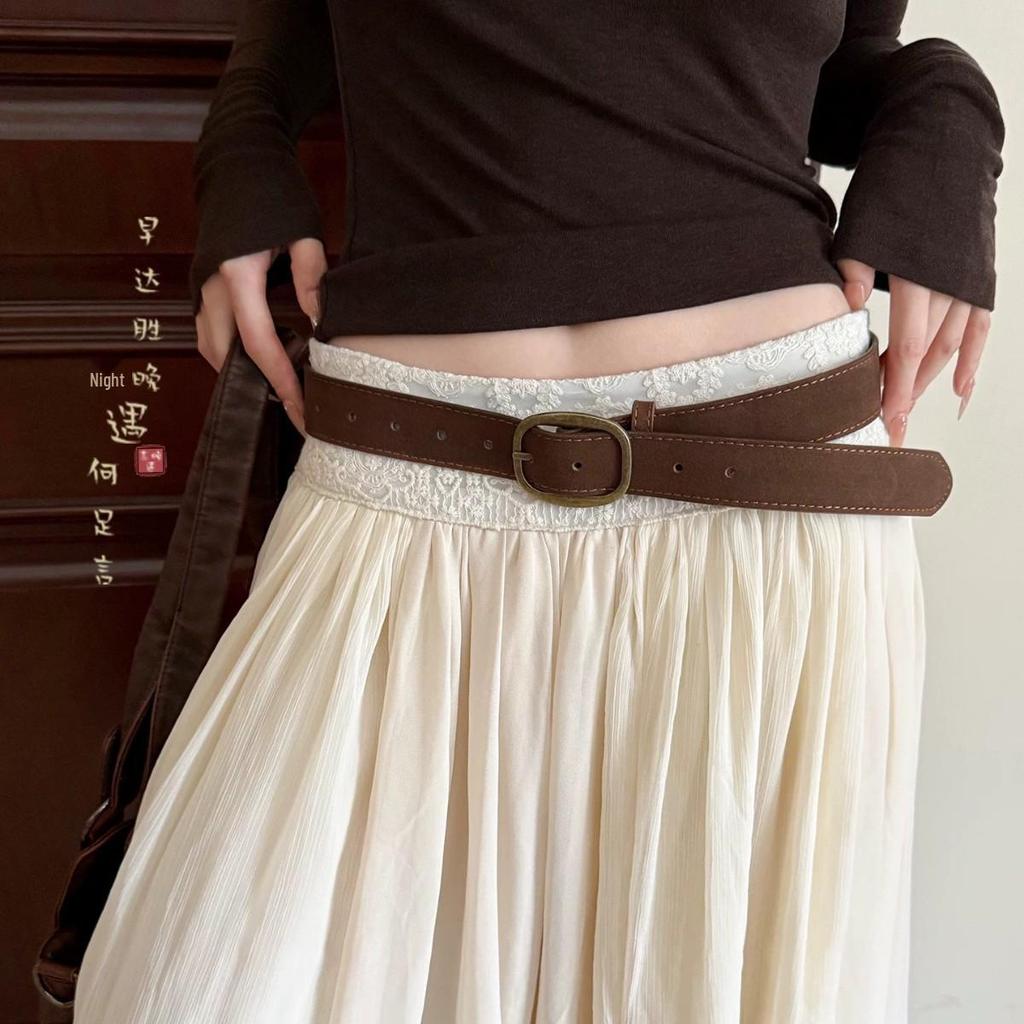 Женский высококачественный ретро-ремень из коричневой кожи с пряжкой - Стильный широкий поясной аксессуар для джинсов