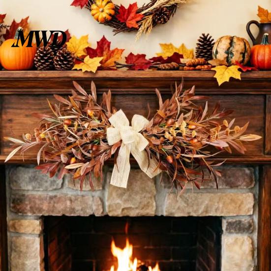 Seasonal Harvest Door Decor 23.6" Artificial Olive Wreath, Faux Fall Leaf Teardrop Swag, Autumn Hanger Foliage for Wreath with Burlap Bow Thanksgiving