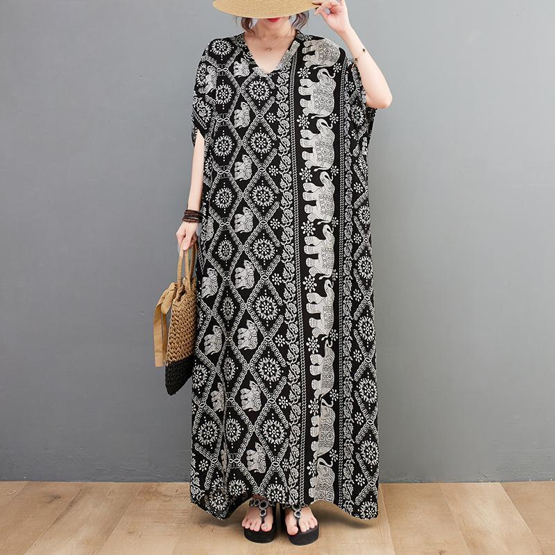 Плюс размер Новое летнее платье Цветочное льняное V-образное вырезное повседневное женское большое повседневное черное платье большого размера