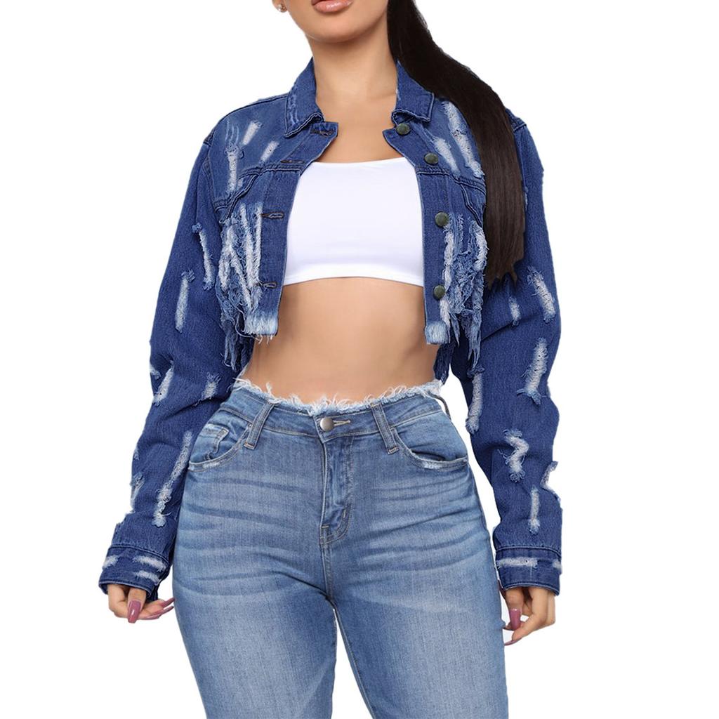 Women's Cropped Jacket With Holes On The Back And Cutout Denim Jacket