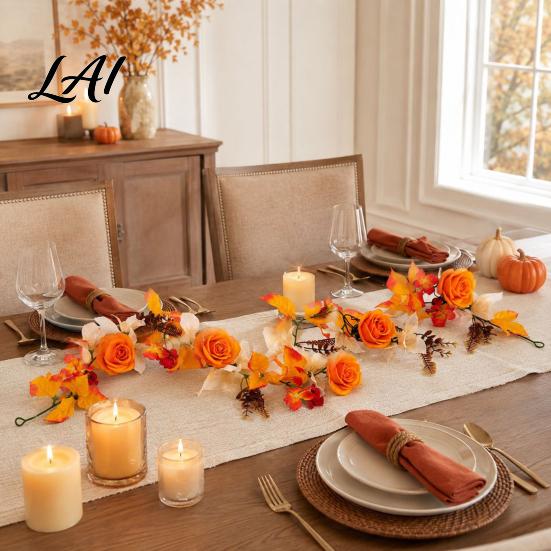 Fall Harvest Decorations 180cm Artificial Vine with Pumpkins Wreath Hanging Door Berries Maple Leaves Indoor