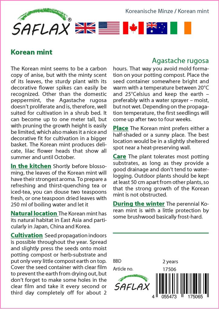 SAFLAX Garden in the Bag - Мята корейская - 1200 семян - С субстратом в подходящем пакете-стойке - Agastache Rugosa