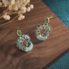 Original Chinese Style Retro Hanfu Cheongsam Accessories Enamel Porcelain Peacock Earrings for Women Natural Chrysoprase Jewelry