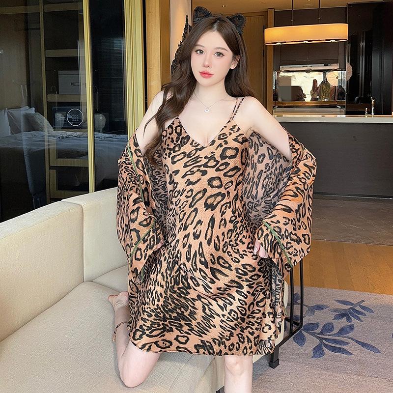 New pajamas women's summer ice silk long-sleeved suspender nightgown nightgown set spring and autumn sexy leopard print home