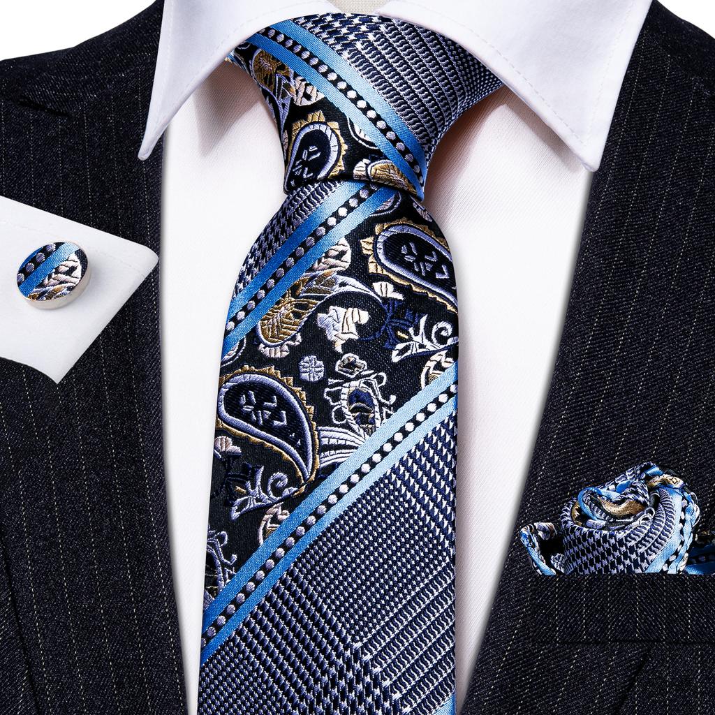 Hi-Tie Fashion Mens Wine-Red Paisley Necktie Hanky Cufflinks for Business Wedding