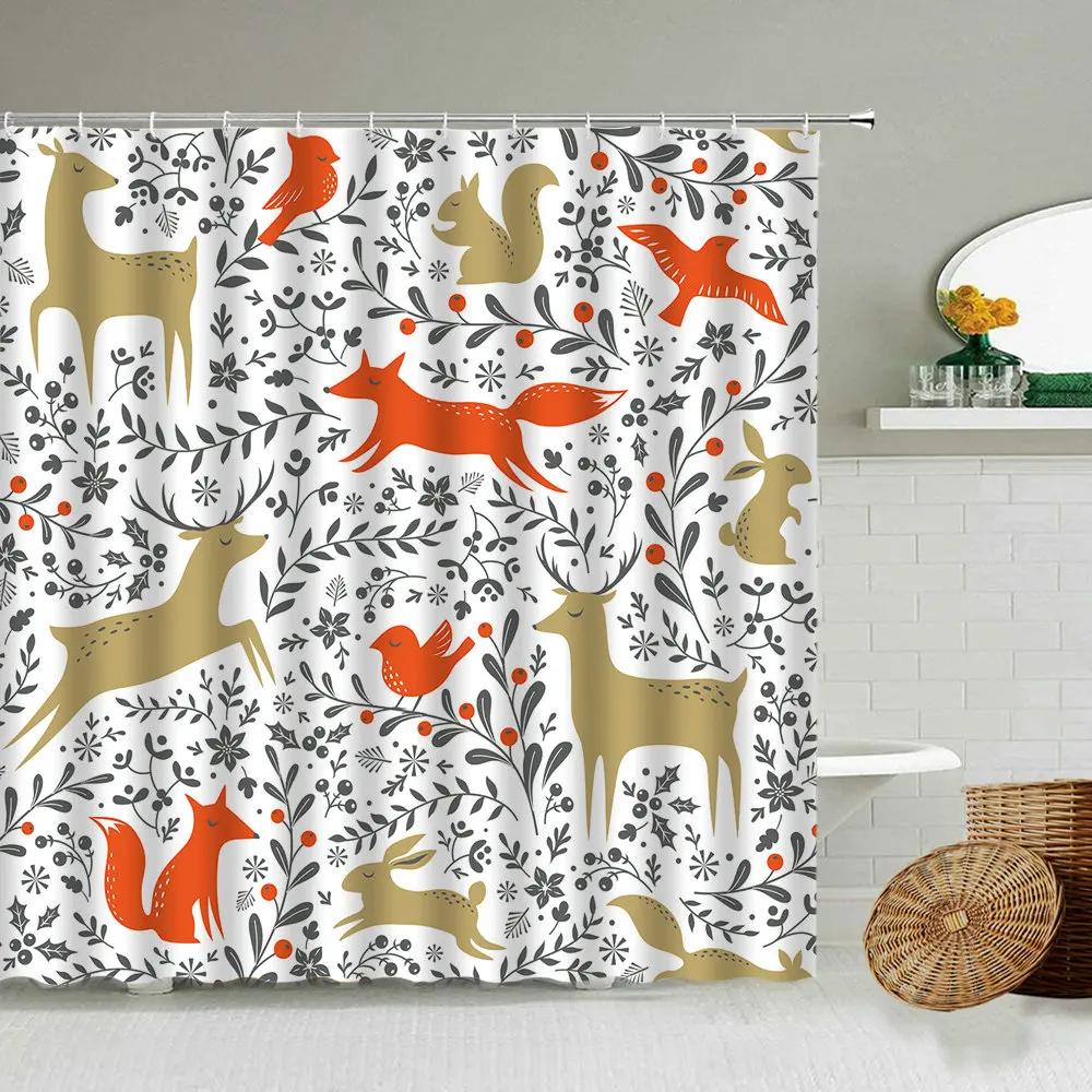 Cartoon Hand-Painted Animal Shower Curtain, Cat, Bird, Rabbit, Plant, Flower, Child Bathroom Decor With Hook