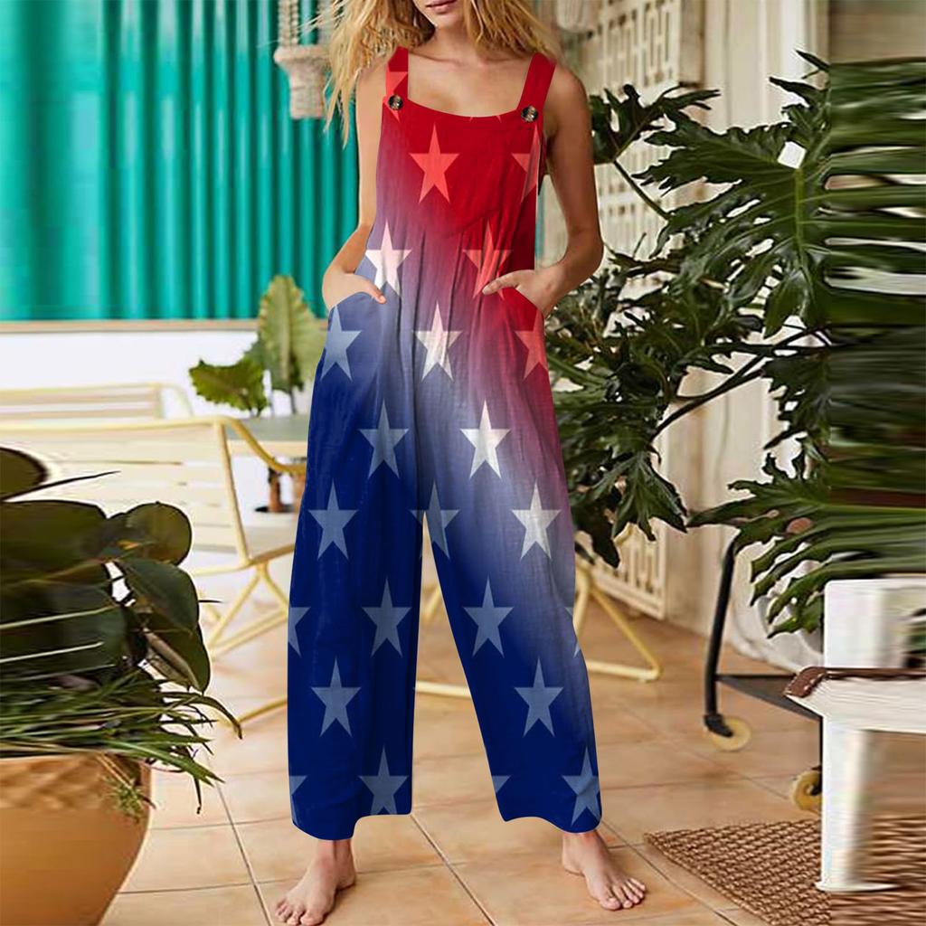 Женский модный комбинезон на пуговицах без рукавов с принтом ко Дню независимости