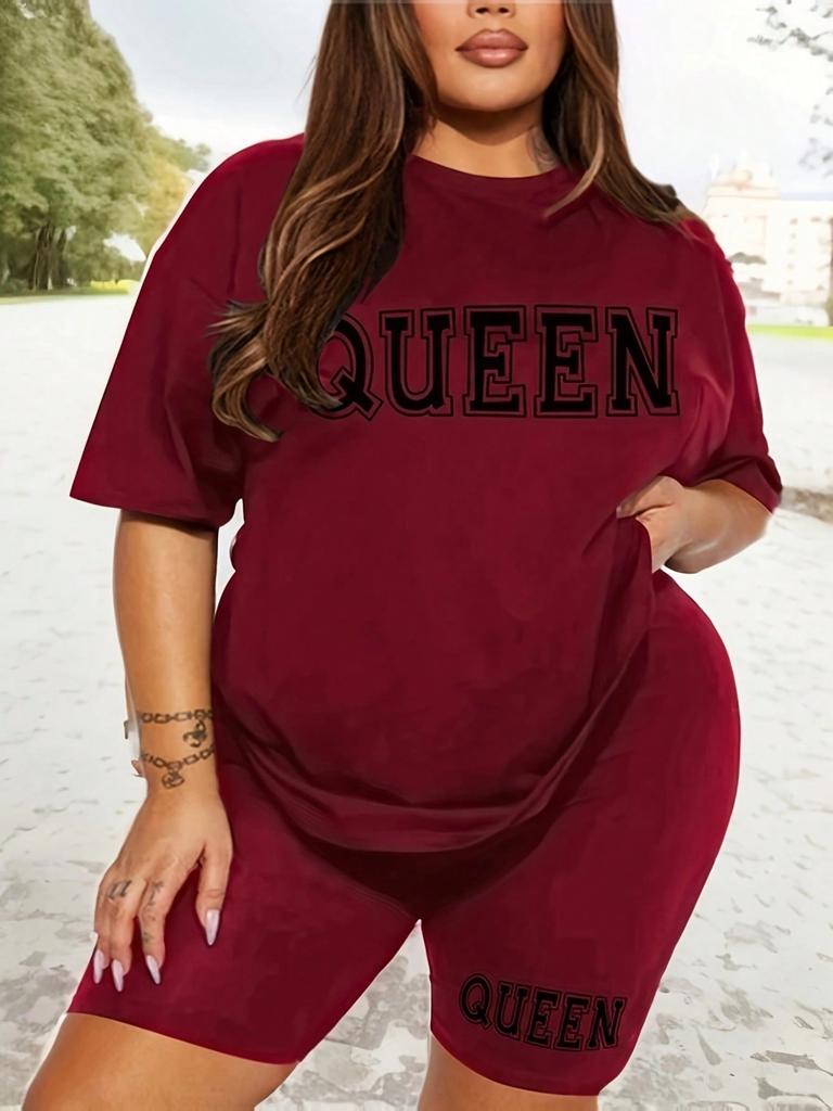 Plus Size Fashionable All-Match Shorts Short-Sleeved Suit Queen Letter Print Simple and Comfortable Two-Piece Suit 2024 New