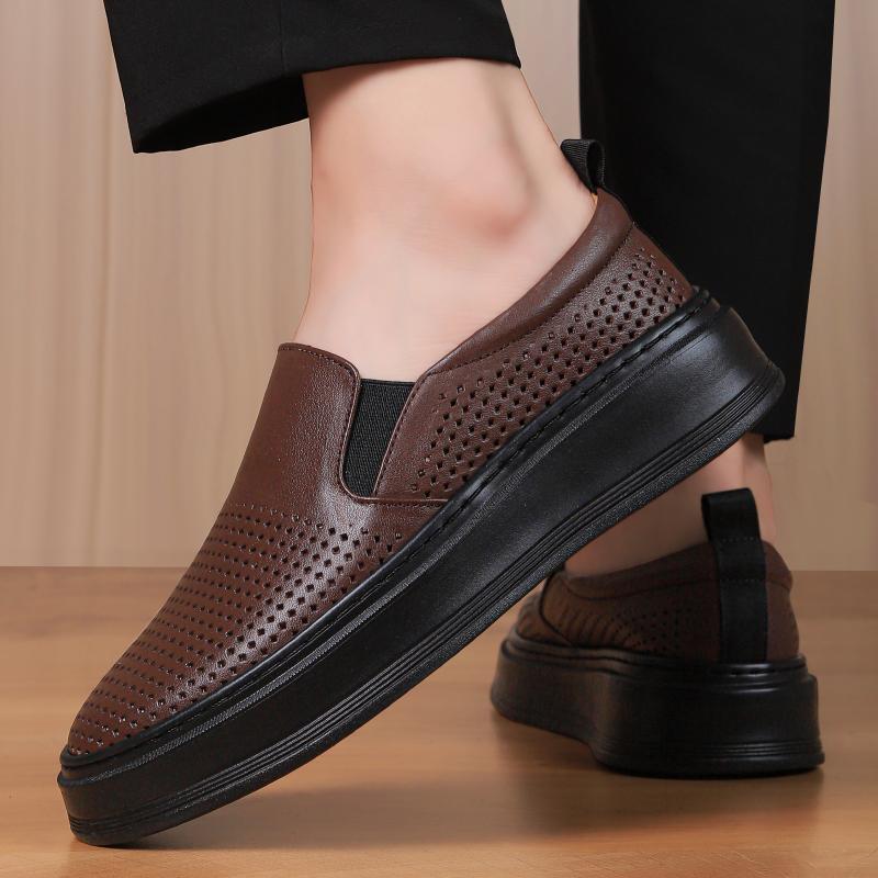 Fashion Men's Breathable Hollow Shoes Slip-On All-match Loafers Summer Casual Leather Cowhide Flats Males Genuine Leather Casual Shoes