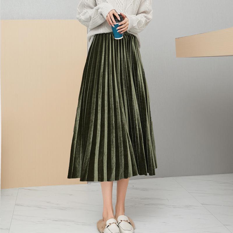 Women's High-Waisted Gold Velvet Pleated A-Line Long Skirt