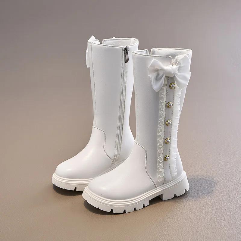 2024 Детские высокие сапоги для девочек, осенние новые шикарные, с бисером, милые, с бантом, нескользящие, элегантные, кружевные, нескользящие, кожаные туфли