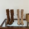 Square head thick high heel temperament autumn and winter new French fashion suede cross belt buckle boots