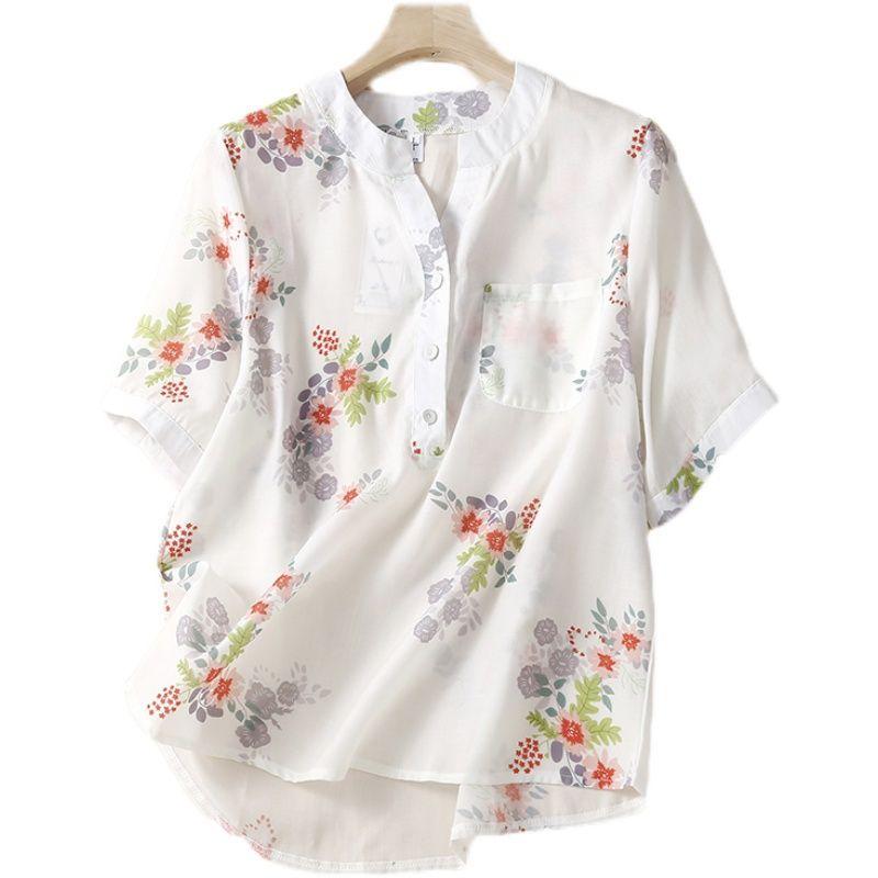 Летняя свободная рубашка с короткими рукавами из рами, повседневная универсальная, с художественным принтом, из хлопка и льна, блузки