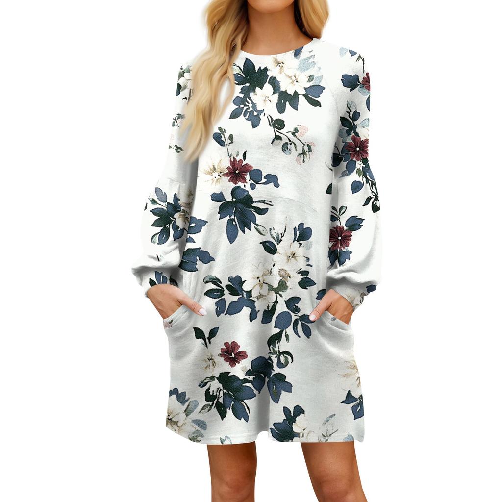 Модное женское платье трапециевидной формы с длинным рукавом. Осенний повседневный пуловер с круглым вырезом. Свободное платье с карманами.