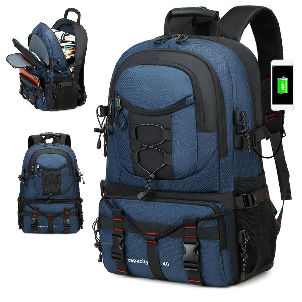 Lightweight 10.57gal Travel & Hiking Backpack with USB Charging Port, Adjustable Straps, Durable Polyester, Fits 17-inch Laptop