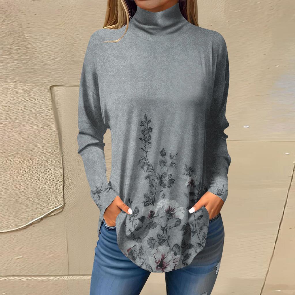 Футболки для женщин, осенние повседневные рубашки с длинными рукавами, толстовка с винтажным принтом, топ с высоким воротом, пуловер