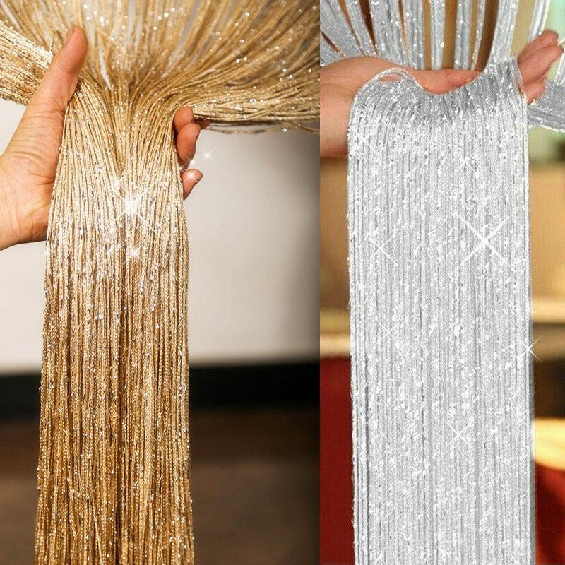 1x2M Shiny Tassel Silver Line String Curtain Valance Living Room Divider Wedding DIY Home Decor