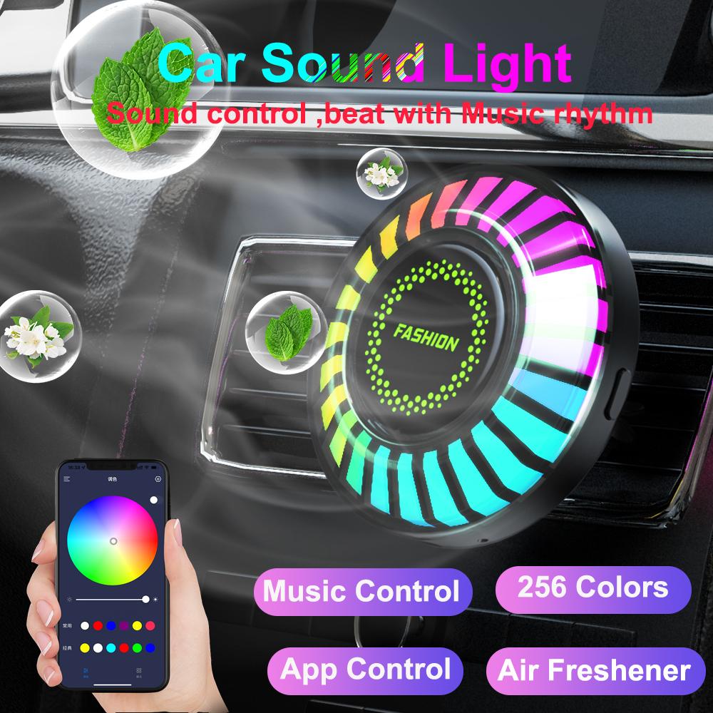 Автомобильная музыкальная ритм-лампа Освежитель воздуха RGB Светодиодная лента Управление звуком Голосовой ритм Атмосфера Свет Аромат 256 цветов Опция Управление приложением 10 режимов
