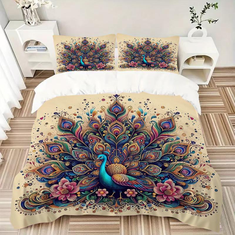 3pcs Nature's Beauty Peacock Quilt Cover Set - Soft and Cozy Bedroom, Guest Room and Dorm Decorative Bedding 3-Piece Set 1 Quilt Cover + 2 Pillow
