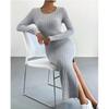 Autumn and Winter Long Sleeve Round Neck Slit Knitted Dress Women Fashion Slim Casual Long Dress for Women Fashion Elegant Sexy Sweater Dresses 25031