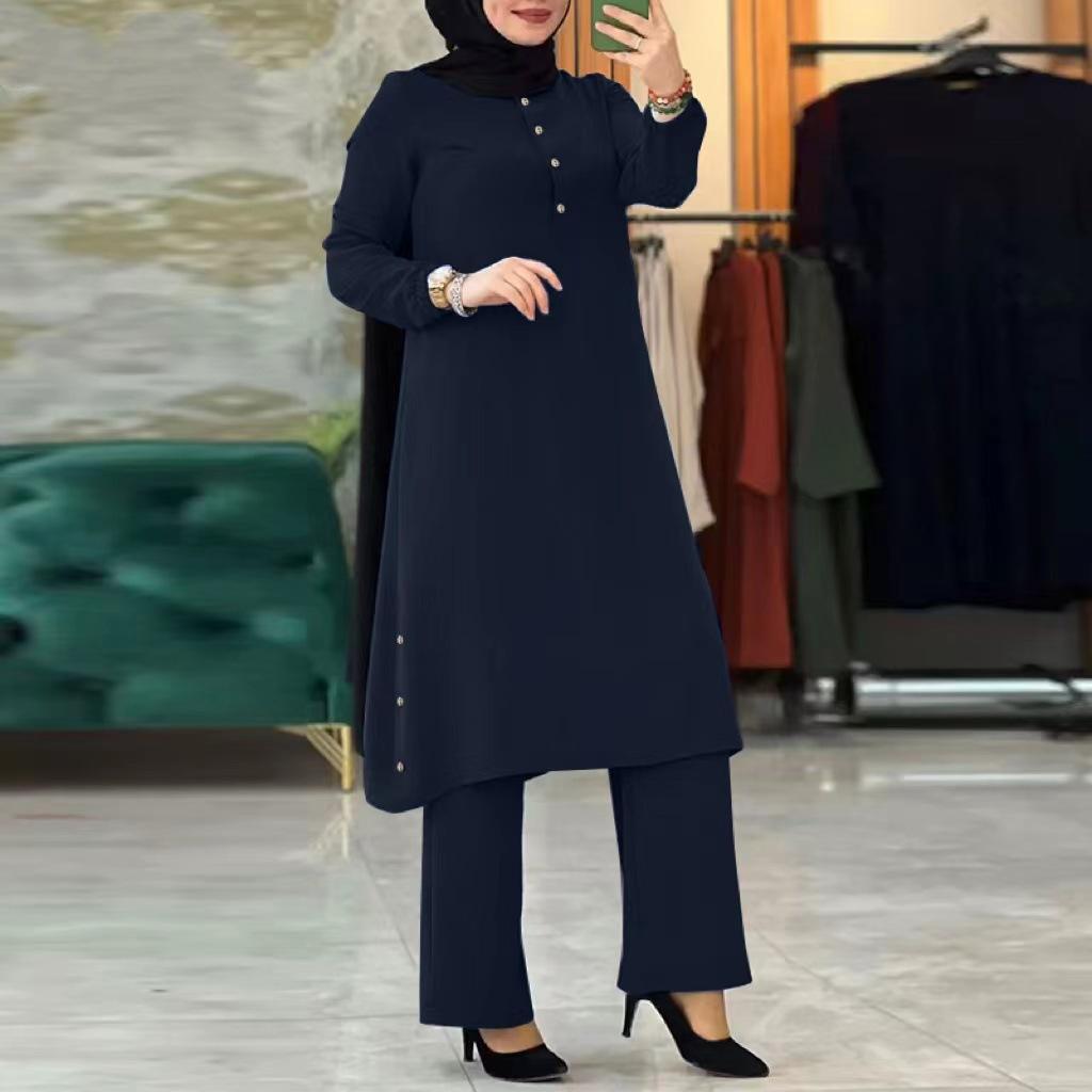 Danmo Women Muslim Two Pieces Set Blouse & Wide Leg Pant Musulman Ensemble Belt Single Button Shirt Ramadan Modest Clothing