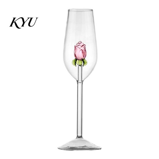 Crystal Wine Glasses Red Glass with Roses And Green Leaves Decorated, Clear Rose Decorated Goblet Decorative Glass, Elegant for Romantic Dinners
