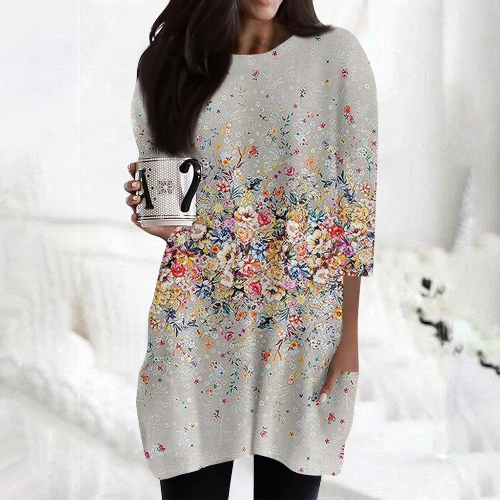 Женские повседневные рубашки с рукавами 3/4, модные туники с принтом, топы с карманами