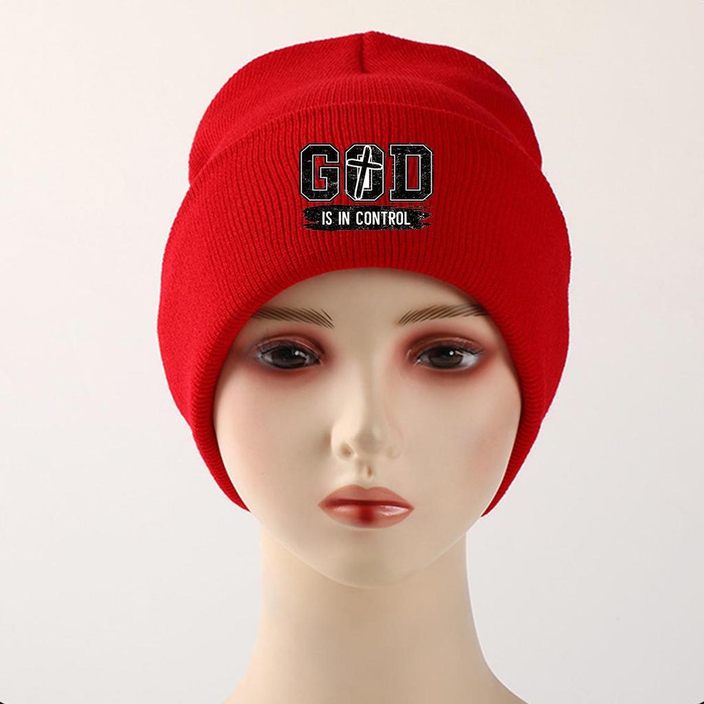 GOD IS IN CONTROL" Winter Knit Cap Beanie, Skull Cap Autumn Stretchable Solid Bobble Hat Knitted Hat Beanie