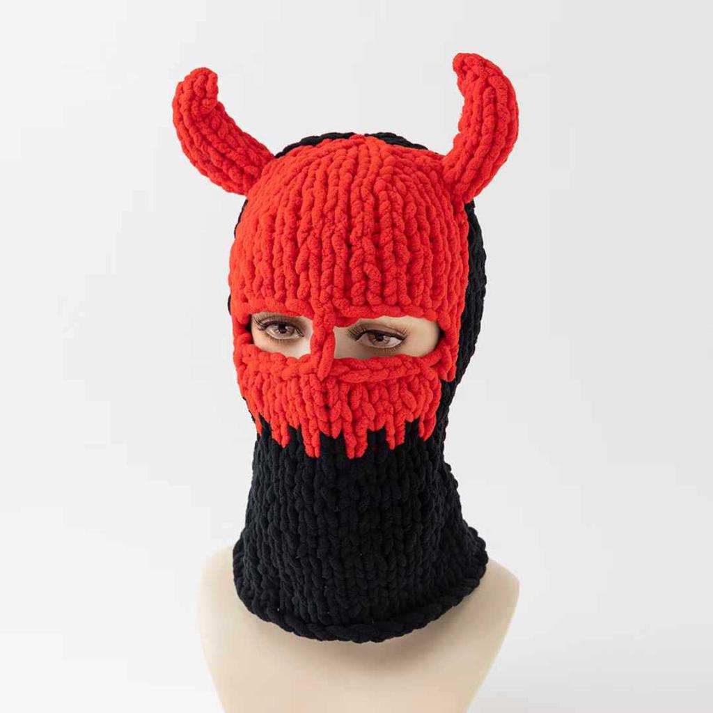 Little devil handmade knitted hat thickened thermal fleece hat mask funny hood sweet cool winter tide hat devil horn