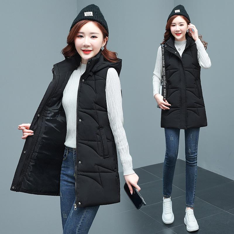 Осенне-зимняя женская однотонная свободная утолщенная теплая жилетка без рукавов средней длины с капюшоном, женская куртка