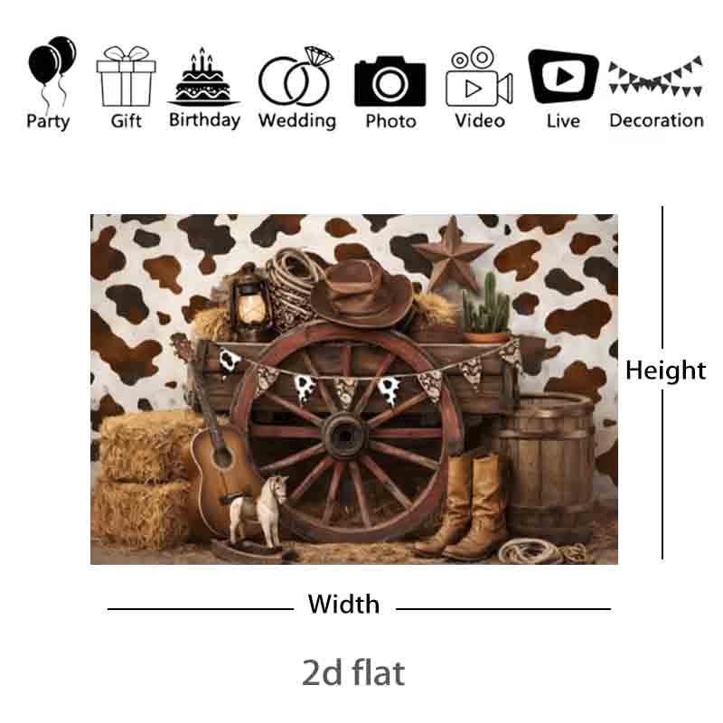 Vintage Western Cowboy Photography Backdrop Cow Print Wooden Wheel Hay Guitar Cactus Farm Style Birthday Party Photo Bac