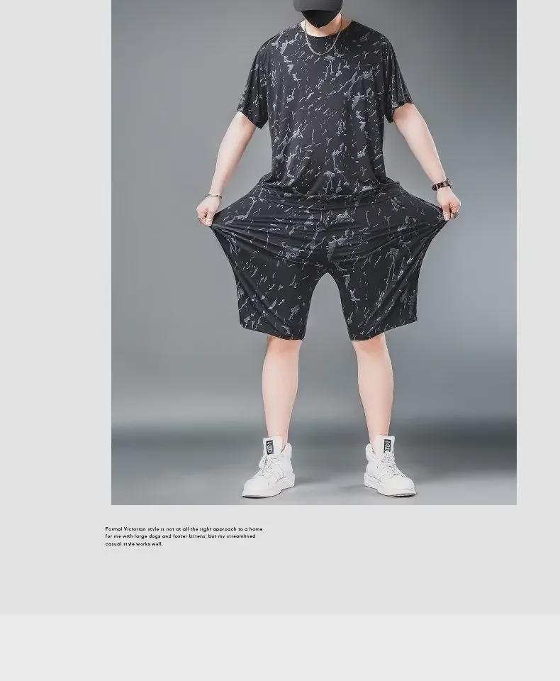 Мужской спортивный костюм из двух частей Ice Silk Mesh большого размера - футболка и шорты