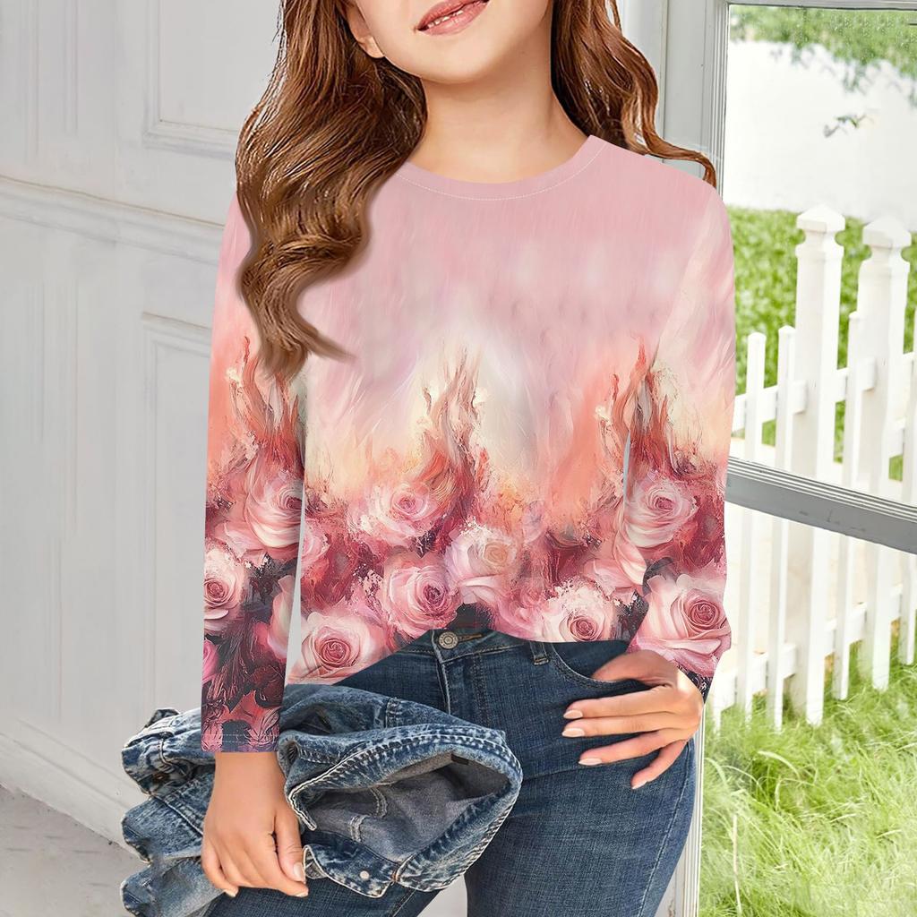 Футболки с длинным рукавом для девочек, детские осенние топы с круглым вырезом и принтом, базовые футболки для детей 5–14 лет