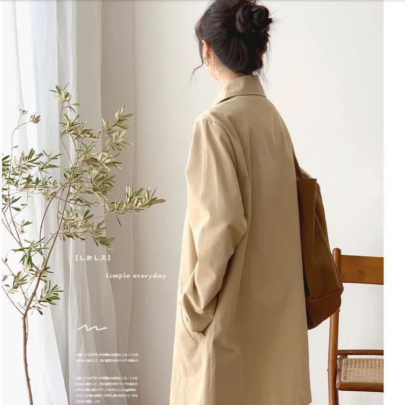 Polo Collar Trench Coat Solid Color Simple Casual Women's Thin Coat Mid Length Loose Single Breasted Design with Lining Cloth Spring Autumn