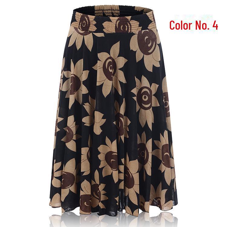 Women's Summer Floral Ice Silk Pleated Skirt - Mid-Length with Elastic Waist