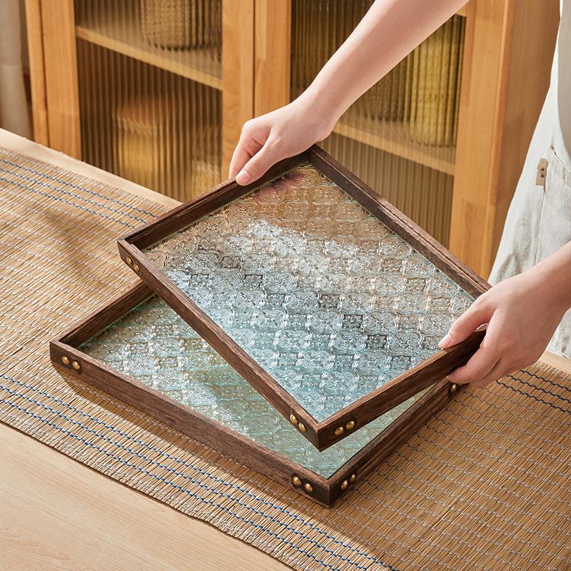 Solid Glass Wooden Tray Table Living Room Tray Coffee Snack Food Meals Chinese Tea Serving Tray Rectangular Fruit Bamboo