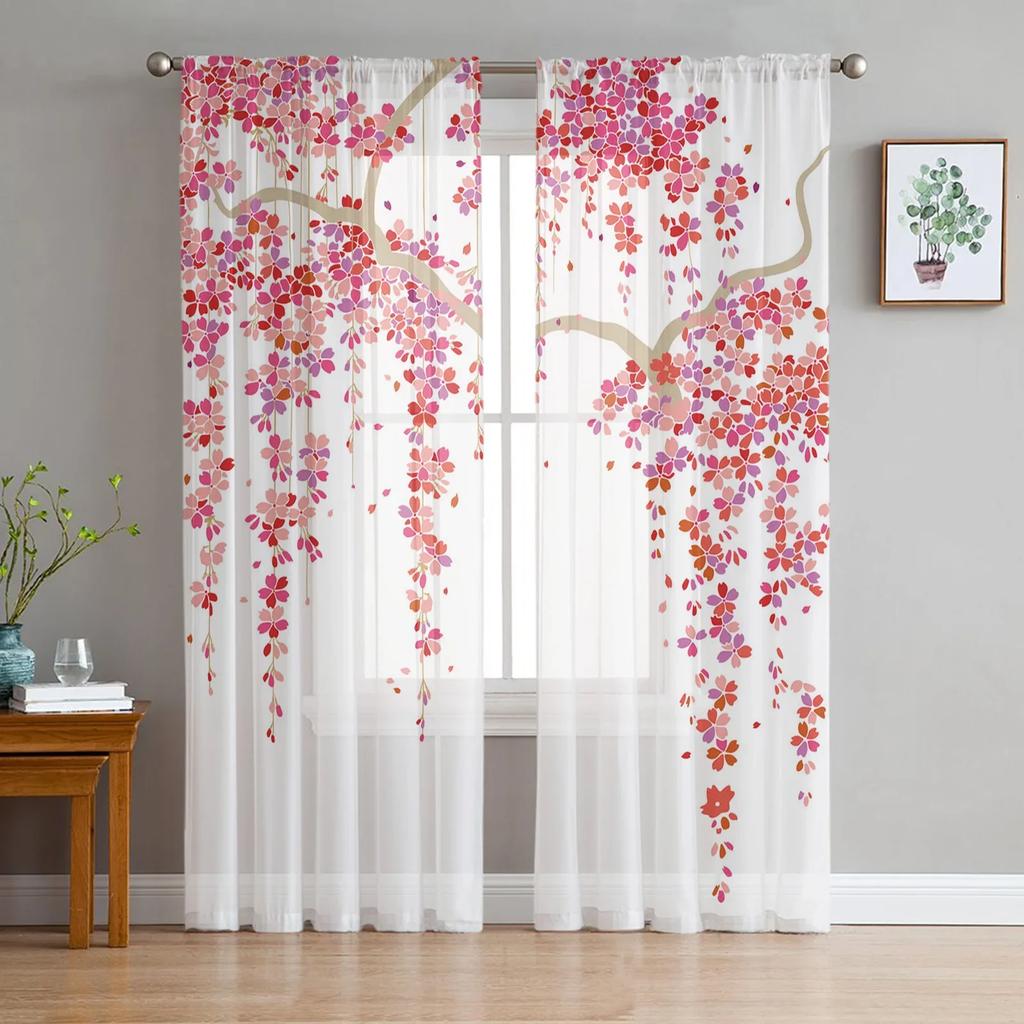 Watercolor Painting Flowers Leaves White Tulle Sheer Curtains for Living Room Bedroom Decor Window Curtain Voile Organza Drapes